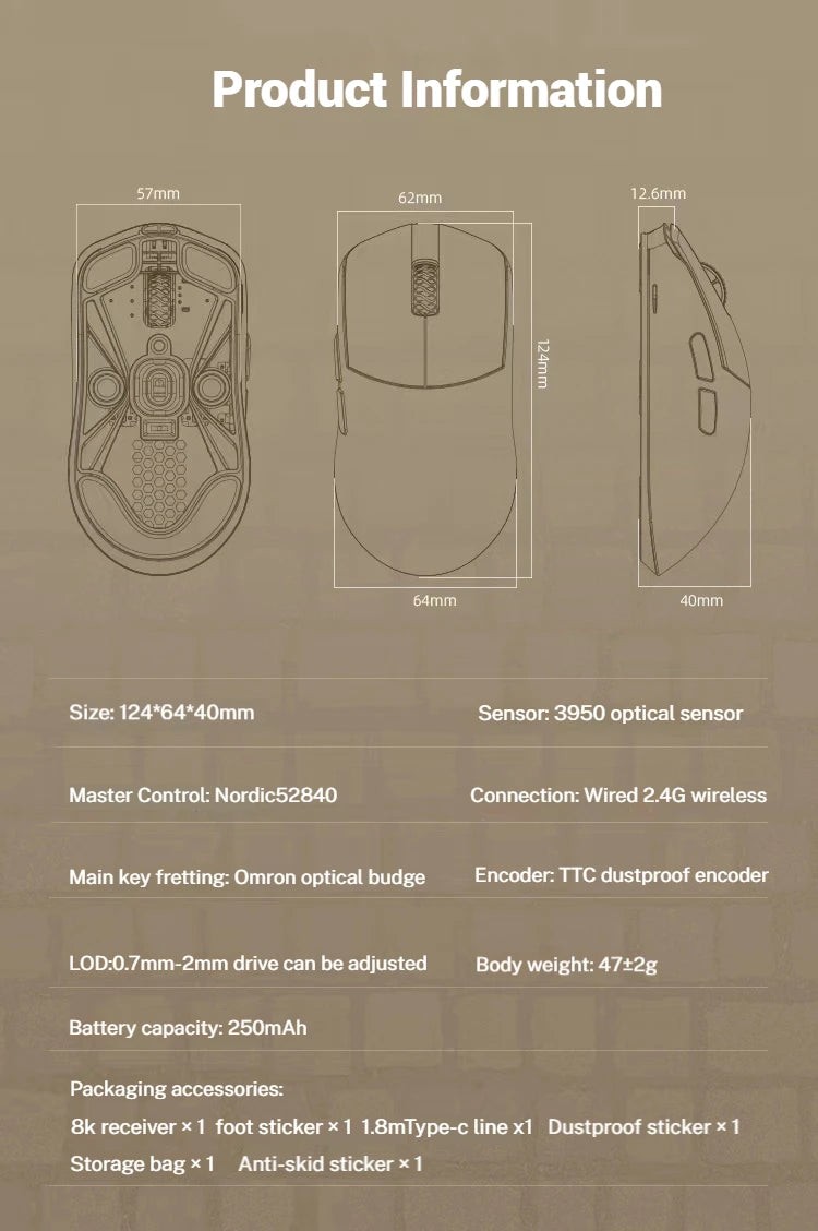 LAMZU Maya X Wirless Gaming Mouse 47g Lightweight Pixart 3950 Nordic 52840 Low Latency E-sports Mouse With 8K Receiver PC Custom
