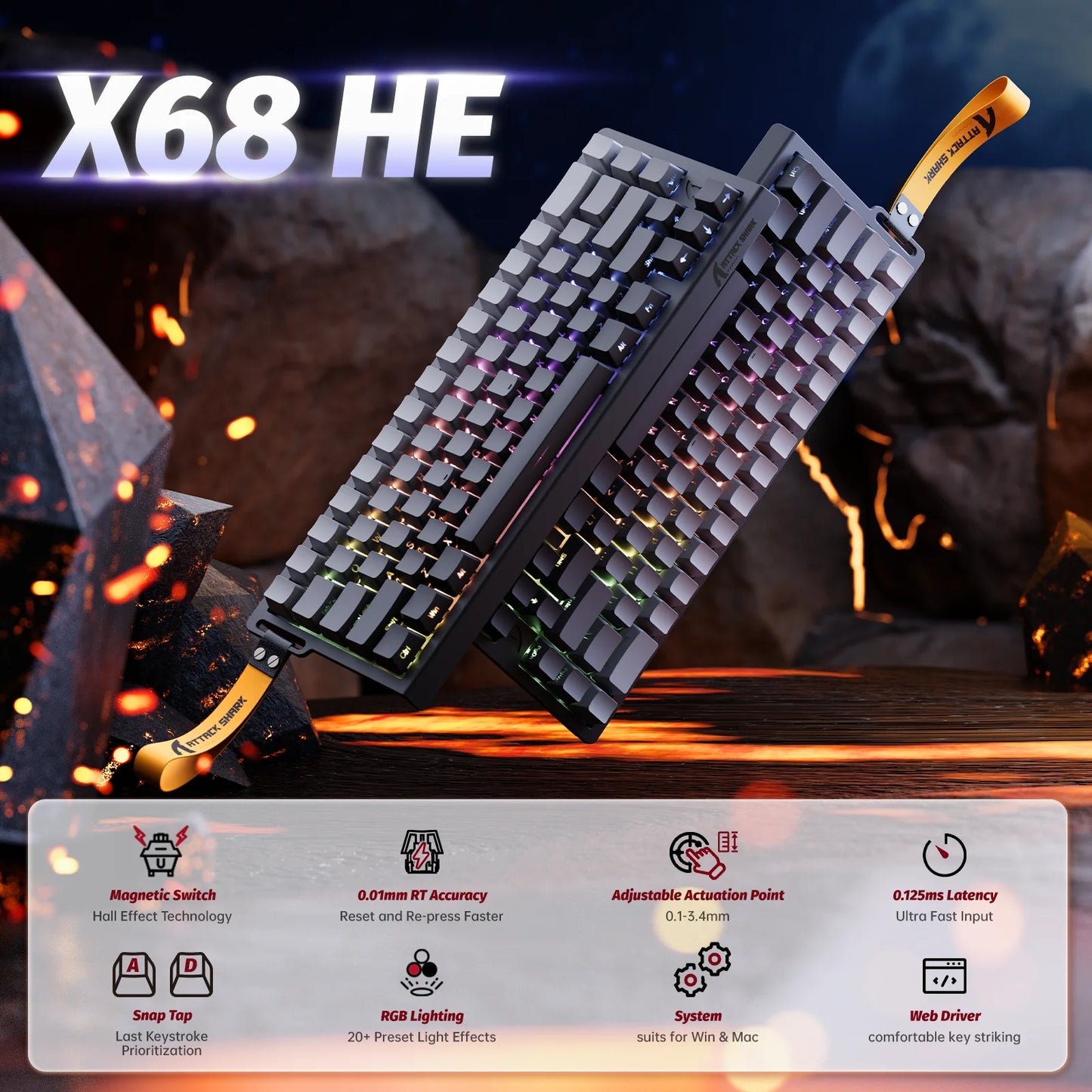 ATTACK SHARK X68 HE Rapid Trigger 8KHz Magnetic Keyboard, 0.01mm 60% , RGB, Support RT/Snap Tap/DKS/MT/TGL