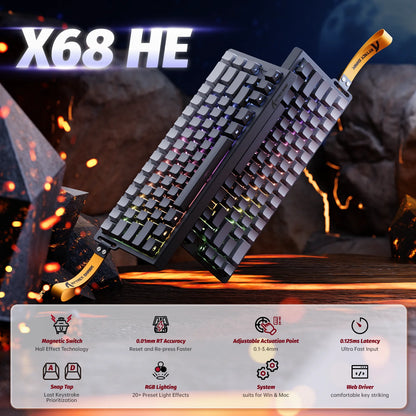ATTACK SHARK X68 HE Rapid Trigger 8KHz Magnetic Keyboard, 0.01mm 60% , RGB, Support RT/Snap Tap/DKS/MT/TGL
