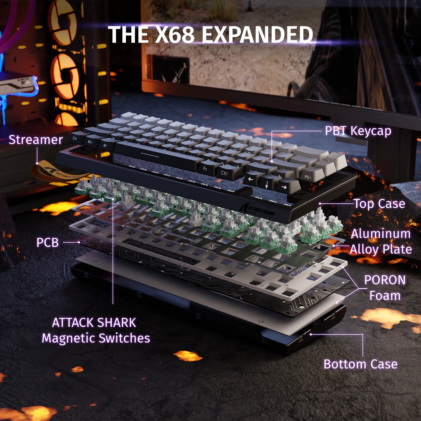 ATTACK SHARK X68 HE Rapid Trigger 8KHz Magnetic Keyboard, 0.01mm 60% , RGB, Support RT/Snap Tap/DKS/MT/TGL